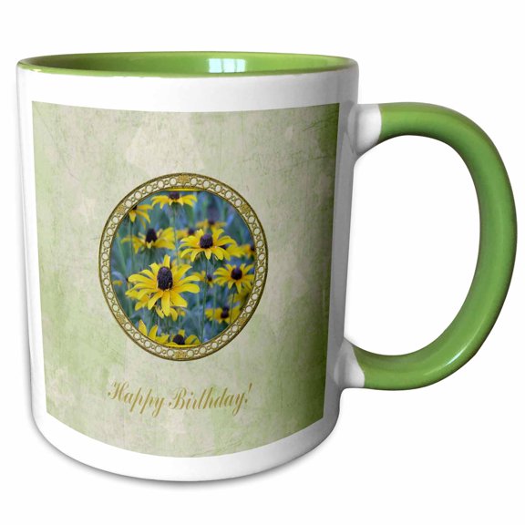3drose, Blackeyed Susans in Gold Oval Frame, Happy Birthday, 11oz Two-tone Green Mug