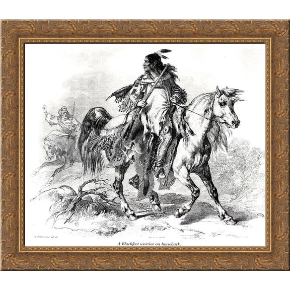 Blackfeet warrior on horseback 24x20 Gold Ornate Wood Framed Canvas Art by Karl Bodmer