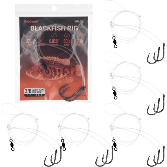Blackfish Tautog Rig Hand-Tied Hi-Lo Rig - 3/0 Double Hooks 6 Pack, 50lb Mono Leader Saltwater Fishing Rigs for Bottom Fishing with Crabs & Shellfish
