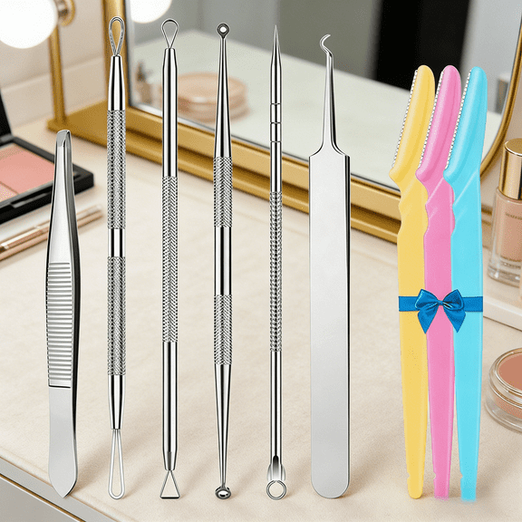 Blackhead Remover Pimple Popper Tool Kit 9 Pcs Stainless Steel Pro Comedone Extractor Tweezers Eyebrow Razor Face Cleaning Blemish Removal Skincare Tool Set For Home And Travel Use