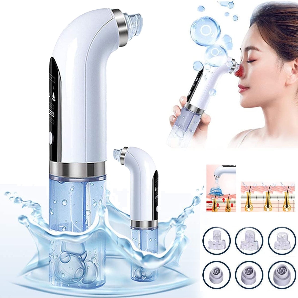 Blackhead Remover Pore Vacuum, with 6 Suction Heads Replaceable, Facial Cleaner Micro Bubble Beauty Instrument Electric Strong Suction Comedone Extractor Tool for Acne Removal Blackhead Sucker, White