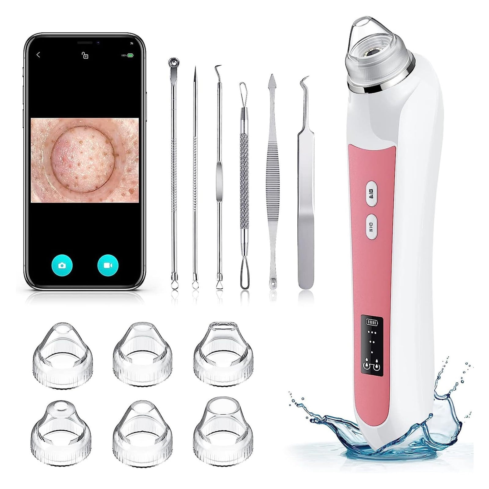 Blackhead Remover Vacuum, USB Interface Type Pore Vacuum, Black Head Extractions Tool with Camerafor, Men and Women Pore Cleaner, 3 Adjustment Modes & 6 Suction Heads(Light Pink)
