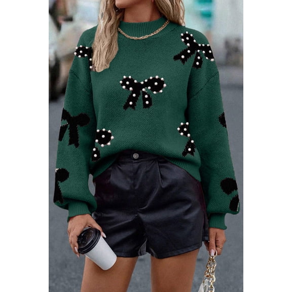 I AM A FASHION JUNKY Blackish Green Pearl Embellished Bow Pattern Loose Sweater