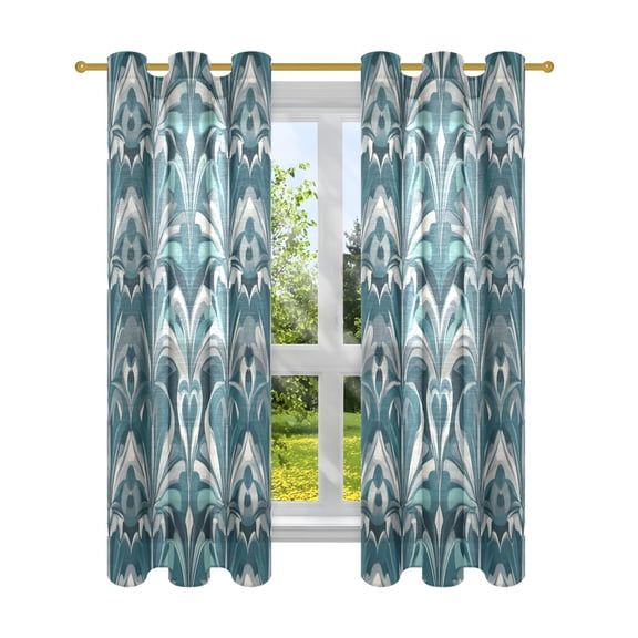Blackish Green Ripple Art Semi Sheer Curtains for Living Room Bedroom Set of 2 Insulated Window Drapes