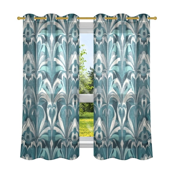 Blackish Green Ripple Art Semi Sheer Curtains for Living Room Bedroom Set of 2 Insulated Window Drapes