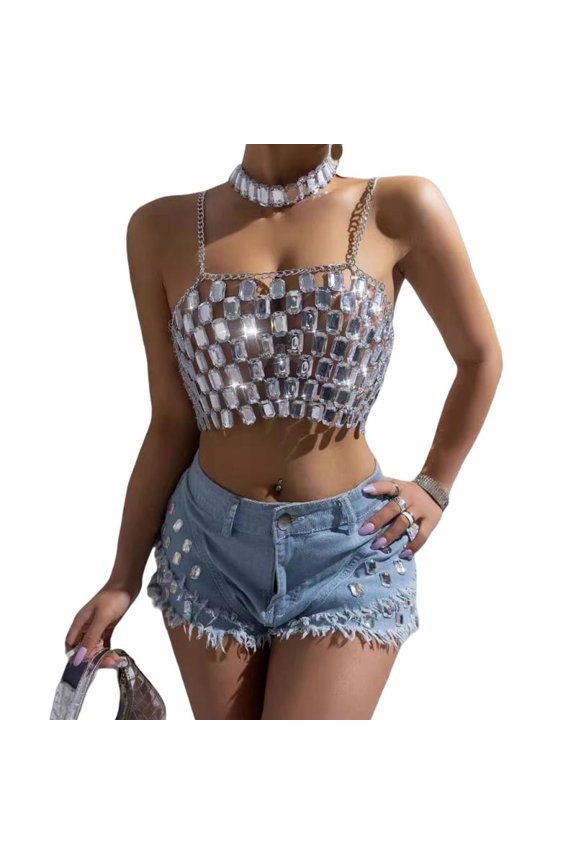 Blackless Crop Top Rhinestones Bras Bikini Chain Beach Body Jewelry for Womens