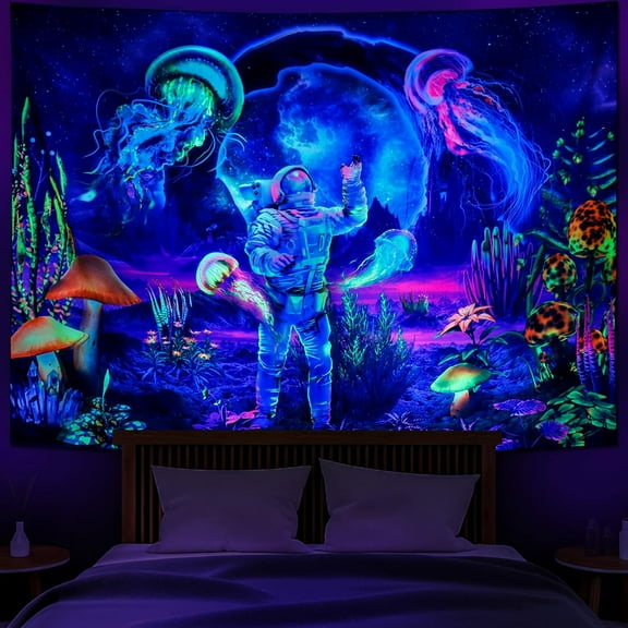 Blacklight Astronaut Tapestry UV Reactive Plants Jellyfish Wall Tapestry Neon Galaxy Space Tapestry Wall Hanging for Room,90x70 Inches