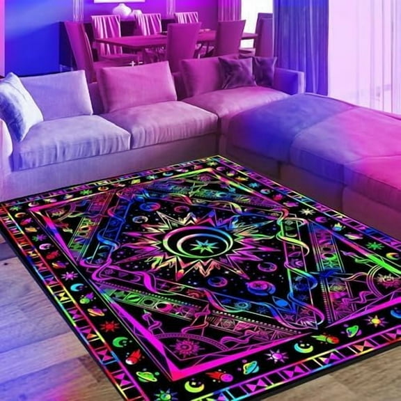 Blacklight Burning Sun Area Rug, Neon UV Reactive Celestial Moon Star Planet Throw Rug, Non-Slip Fluorescent Boho Hippie Floor Mat Carpet, Glow in The Dark Bedroom Home Decor 70x47inch
