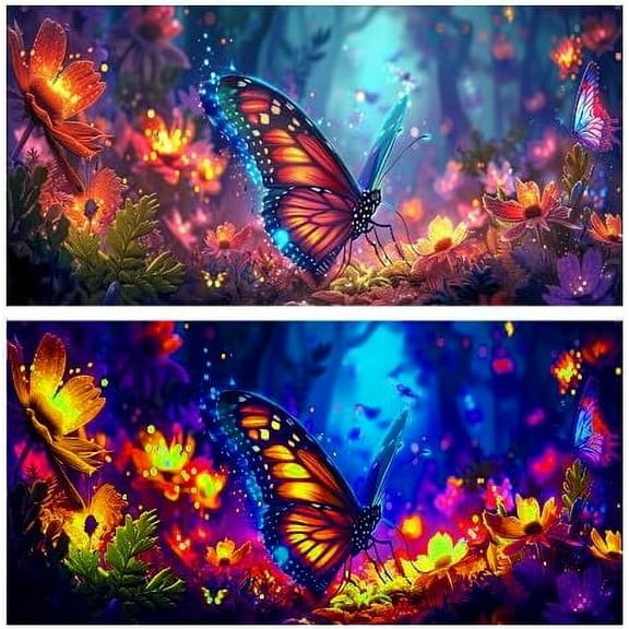 Blacklight Butterfly Trippy Fairy Forest Black Light Aquarium Background UV Reactive Background Aesthetic Fantasy Misty Plants Terrarium Background with 10 EVA Double-Sided Tape, 24X12IN