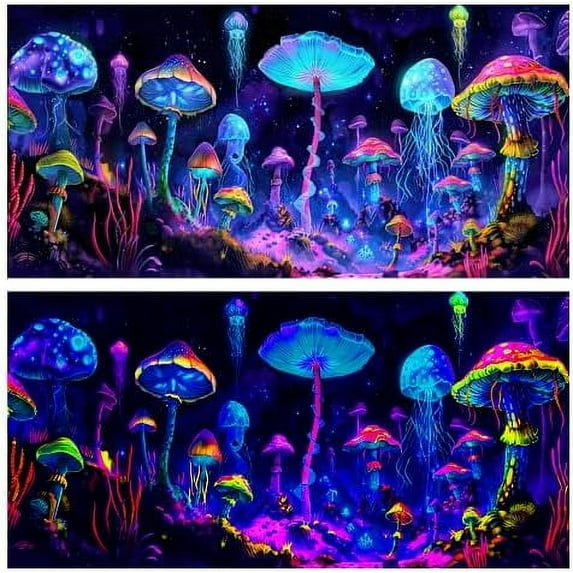 Blacklight Colorful Mushroom Black Light Aquarium Background UV Background Starry Sky Moonlight Terrarium Background with 10 EVA Double-Sided Tape, 24X12IN