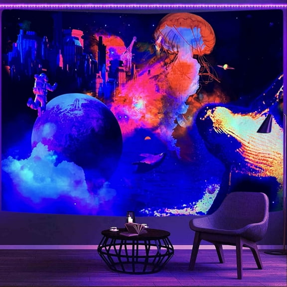 Blacklight Dreamy Tapestry Universe UV Reactive Fantasy Astronaut Poster Glow in The Dark Jellyfish Black Light Wall Tapestry Neon Galaxy Space Tapestry Wall Hanging for Room,59x39 in