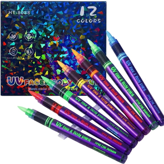 Blacklight Face Paint Pens 12 Colors for Face and Body Art, Fluorescent Markers with Pointed Tips, 14 cm Festival Party