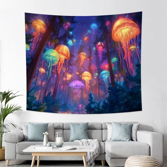 Blacklight Forest Jellyfish Tapestry Trippy Fantasy Starry Sky Tapestries Aesthetic Jungle Plants Tapestries Wall Hanging for Bedroom,60Wx50H