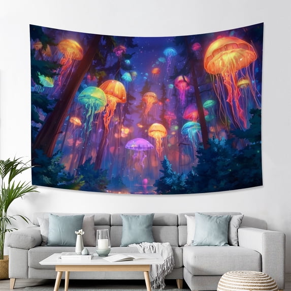 Blacklight Forest Jellyfish Tapestry Trippy Fantasy Starry Sky Tapestries Aesthetic Jungle Plants Tapestries Wall Hanging for Bedroom,79Wx60H