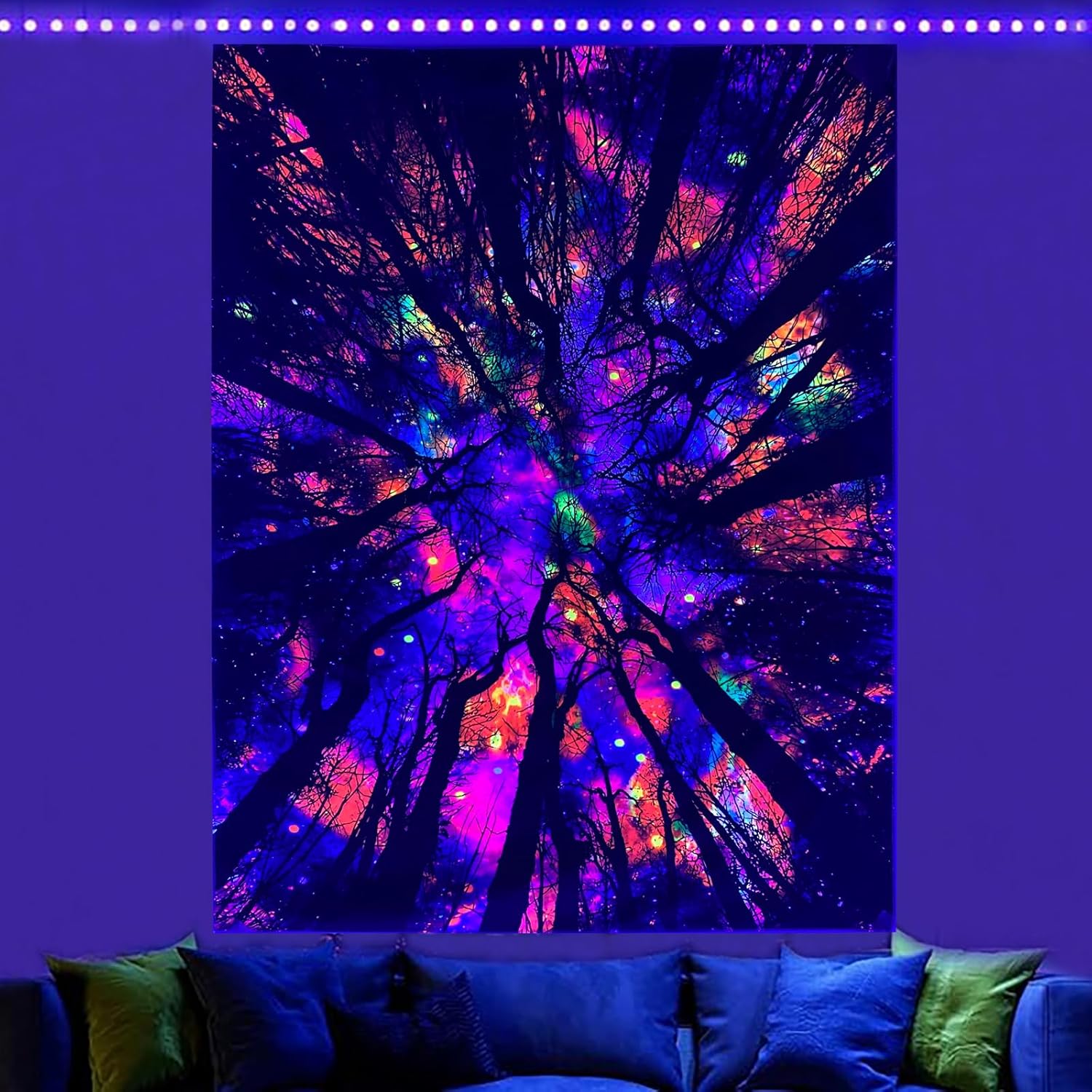 Blacklight Galaxy Forest Silhouette Tapestry for Bedroom Night Sky ...