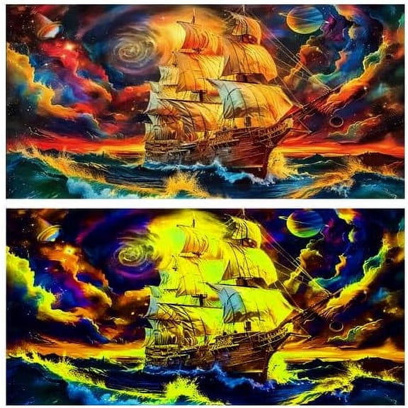 Blacklight Galaxy HD 3D Black Light Aquarium Background UV Reactive Neon Ocean Wave Sailing Ship Background Terrarium Background with 10 EVA Double-Sided Tape, 48X24IN