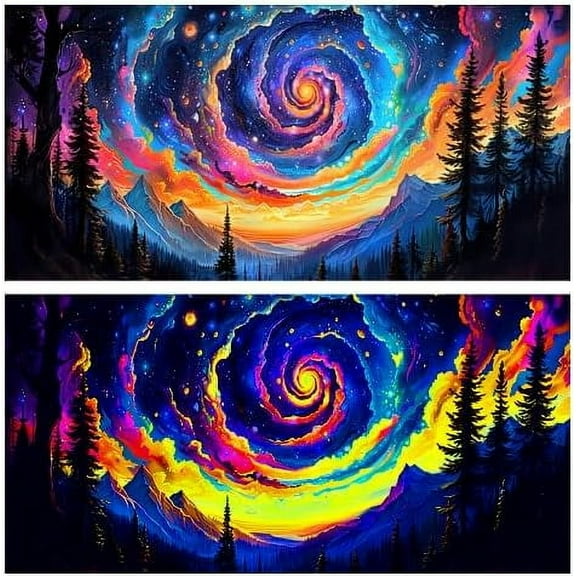 Blacklight Galaxy Space HD 3D Black Light Aquarium Background UV Reactive Colorful Starry Sky Misty Forest Fantasy Landscape Terrarium Background with 10 EVA Double-Sided Tape, 24X12IN