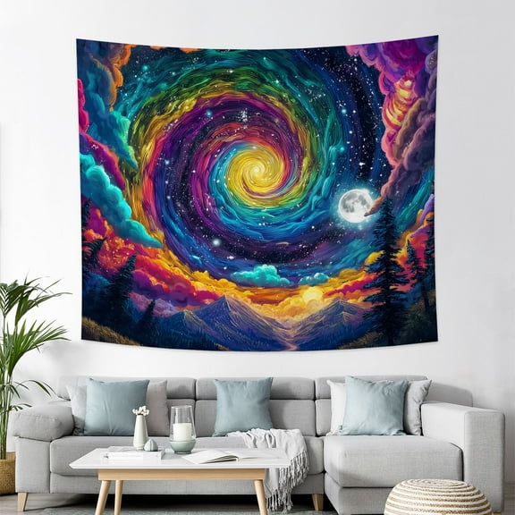 Blacklight Galaxy Tapestry Trippy Starry Night Tapestries Magical Forest Trees Mountain Tapestry Wall Hanging Background for Bedroom,60Wx50H