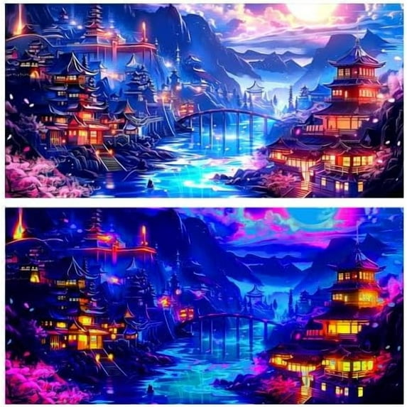 Blacklight Japanese Anime Black Light Aquarium Background, UV Fish Tank Background Art City Night Scenery Terrarium Background with 10 EVA Double-Sided Tape, 24X12IN