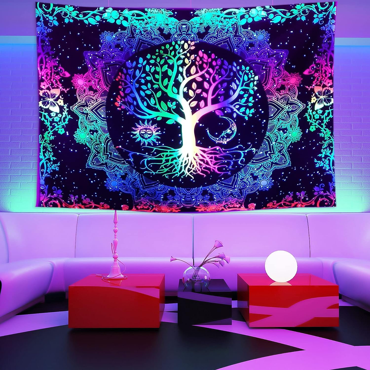Blacklight Mandala Tapestry Trippy Flowers Boho Tapestry Wall Hanging For Bedroom Aesthetic