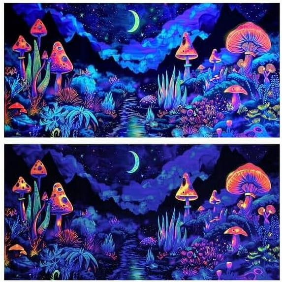 Blacklight Mushroom Flower Black Light Aquarium Background, UV Fish Tank Background Moonlight Mountain Forest Landscape Terrarium Background with 10 EVA Double-Sided Tape, 48X24IN