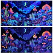 Blacklight Mushroom Flower Black Light Aquarium Background, UV Fish Tank Background Moonlight Mountain Forest Landscape Terrarium Background with 10 EVA Double-Sided Tape, 24X12IN
