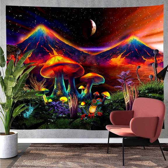 Blacklight Mushroom Forest Scenery Tapestry - Frog UV Reactive Wall Hanging for Room Decor(60" x 80")