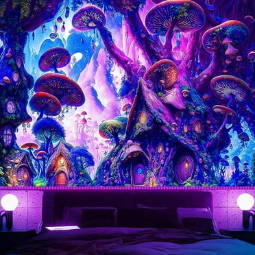 Blacklight Mushroom Tapestry for Bedroom, UV Reactive Tree Room Decor Wall Tapestries, Glow in the Dark Floral Plants Tapestry Aesthetic Backdrop for Living Room Dorm 51X60