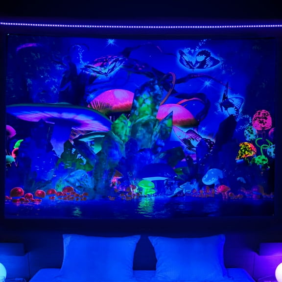 Blacklight Mushroom Tapestry UV Reactive Black Light Trippy Cool Posters Tapestries Wall Hanging, Funny Plants Butterfly Night Wall Tapestrys 60X40 inches