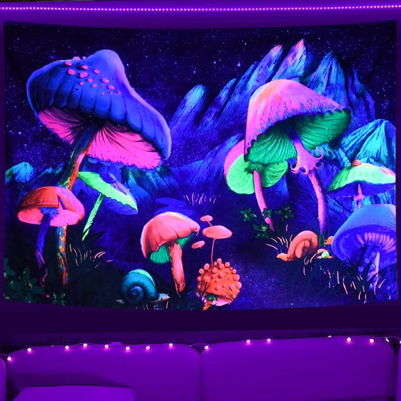 Blacklight Mushroom Tapestry, UV Reactive Starry Night Fantasy Plant Mountain Tapestry, Trippy Aesthetic Black Light Poster Glow in The Dark Bedroom Home Decor 60 x 40 Inch