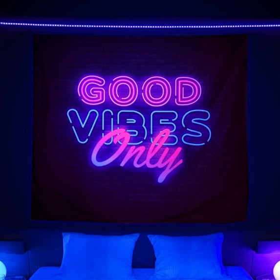 Blacklight Neon Tapestry Wall Hanging Good Vibes Only Words in UV Reactive Neon Tapestry for Bedroom Living Room Wall Decor 40X30 inches