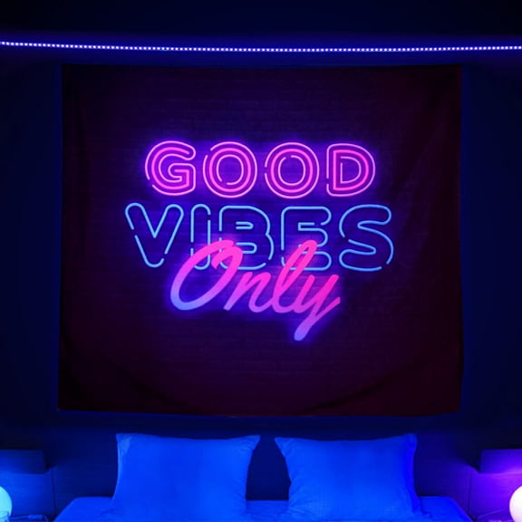 Blacklight Neon Tapestry Wall Hanging Good Vibes Only Words in UV Reactive Neon Tapestry for Bedroom Living Room Wall Decor 90X70 inches