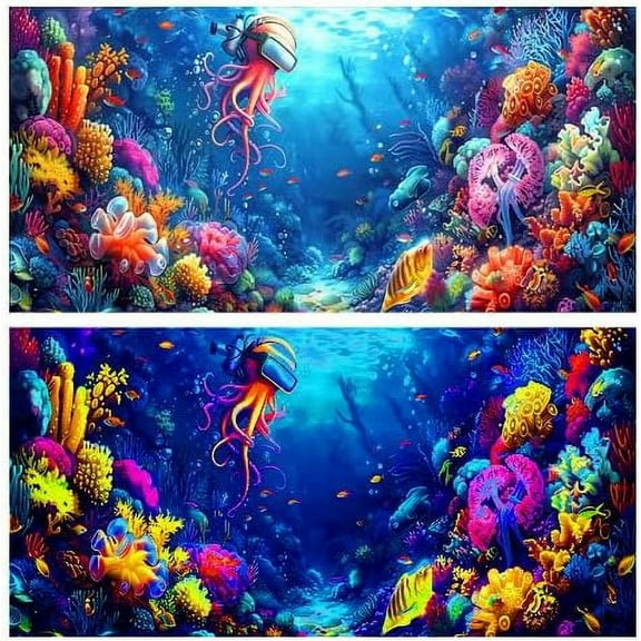 Blacklight Ocean HD 3D Black Light Aquarium Background UV Reactive Octopus Background Terrarium Background with 10 EVA Double-Sided Tape with 10 EVA Double-Sided Tape, 24X12IN