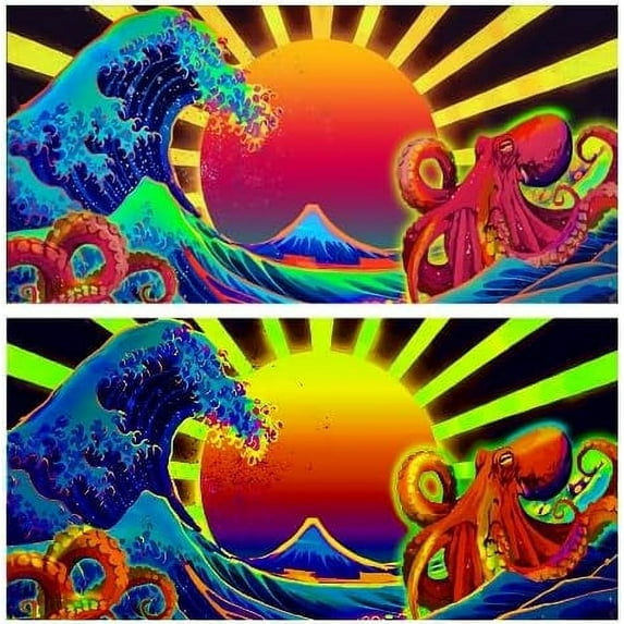 Blacklight Octopus Sea Wave Monster HD 3D Black Light Aquarium Background UV Reactive Sun Background Terrarium Background with 10 EVA Double-Sided Tape, 24X12IN