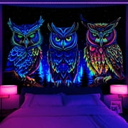 Blacklight Owl Tapestry for Bedroom Aesthetic, Trippy Animal Forest Tree Tapestry UV Reactive Cool Black Light Tapestry Glow in the Dark Tapestries Wall Hanging Men Decor 90" X 70"