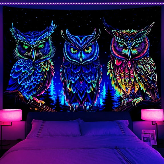 Blacklight Owl Tapestry for Bedroom Aesthetic, Trippy Animal Forest Tree Tapestry UV Reactive Cool Black Light Tapestry Glow in the Dark Tapestries Wall Hanging Men Decor 40" X 30"