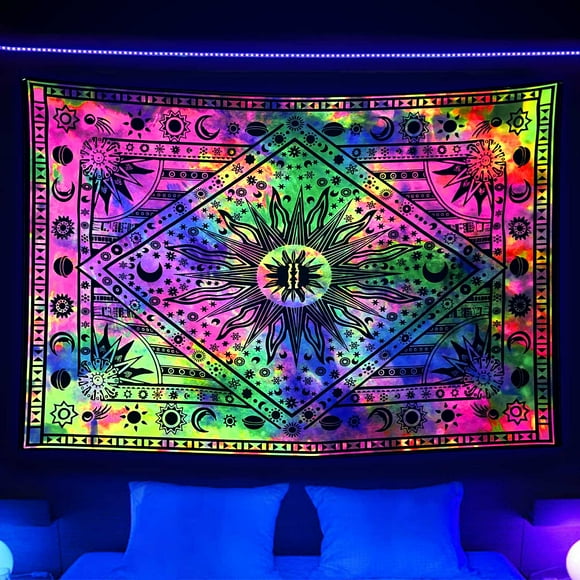 Blacklight Psychedelic Celestial Sun Tapestry, UV Reactive Trippy Sun Moon Burning Sun Hippie Mandala Tapestry for Bedroom Tie Dye Tapestry Bohemian Wall Hanging Planet Tapestry 60X40 inch