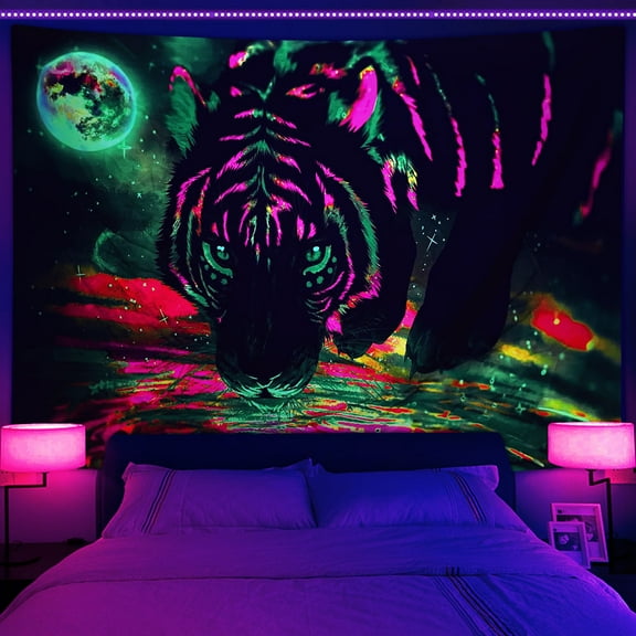 Blacklight Psychedelic Tiger Tapestry, Galaxy Starry Fantasy Wild Animal Tapestry, Trippy Space Tiger Art Poster Tapestry Wall Handing for Bedroom Living Room Dorm 60x40 inches