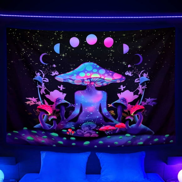 Blacklight Psychedelic Yoga Mushroom Tapestry,UV Reactive Chakra Wall Hanging Multifunction Tapestries for Wall Art Bedding Curtain Table Cloth 60X40 inches
