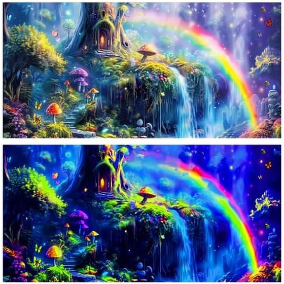 Blacklight Rainbow Waterfall Black Light Aquarium Background, UV Fish Tank Background Fantasy Landscape Mountain Terrarium Background with 10 EVA Double-Sided Tape, 48X24IN