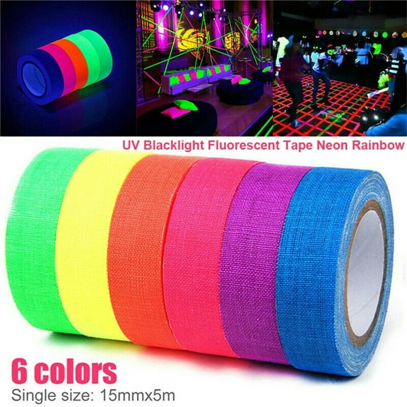 Blacklight Reactive Fluorescent Cloth Tape Glow in The Dark Neon Gaffer Tape Birthday Christmas Party Supplies.Each roll is 0.6 inch x 16.5 ft (6-Pack)