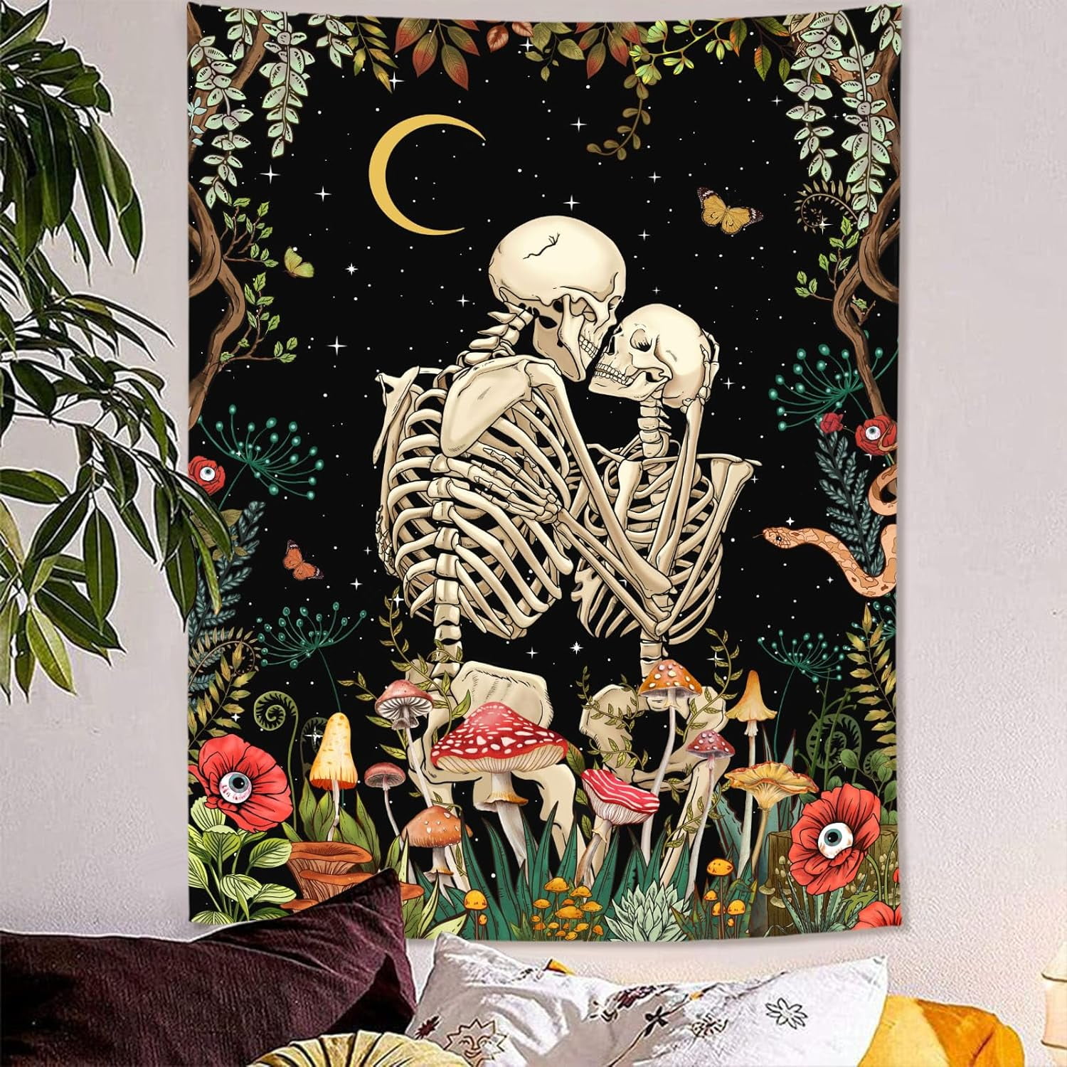 Blacklight Skeleton Tapestry UV Skull Kissing Love Tapestries for Bedroom Aesthetic Purple Blue