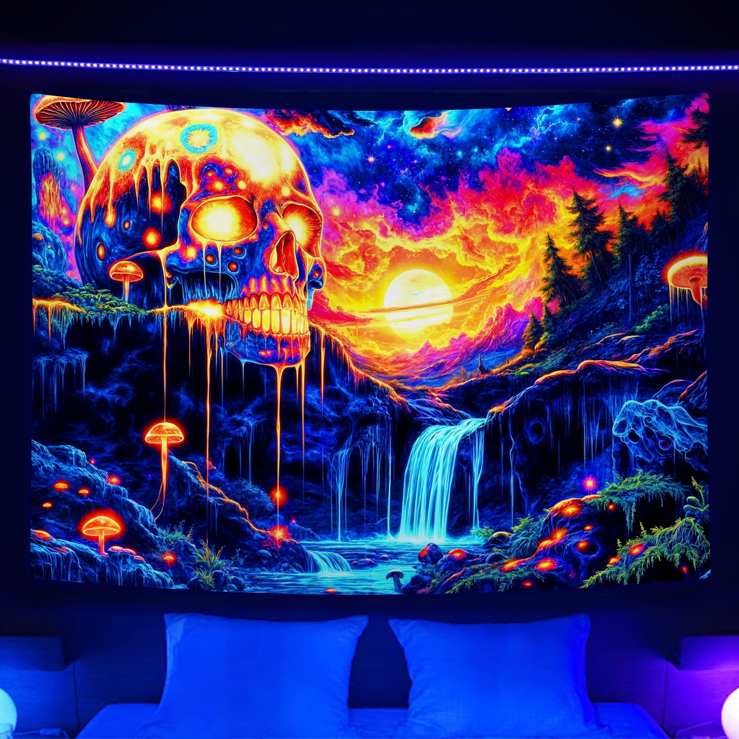 Blacklight Skull Forest Tapestry, Gothic Skeleton Mushroom Waterfall ...