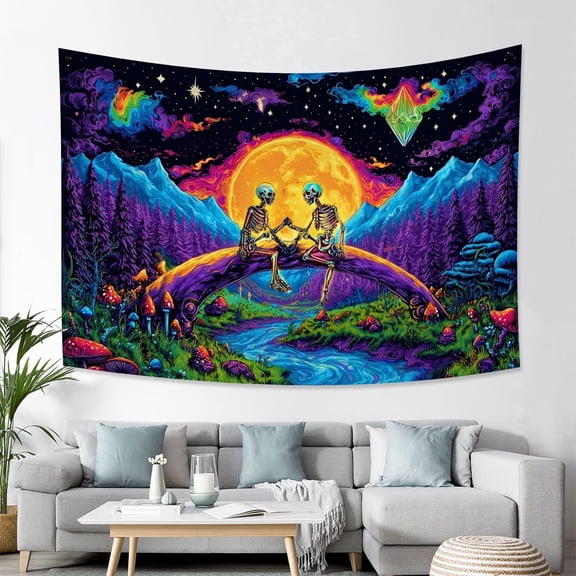 Blacklight Skull Moon Tapestries Trippy Mountain Forest Tapestries Starry Sky Wall Tapestry Skeleton Wall Hanging for Bedroom Decor,40Wx28H