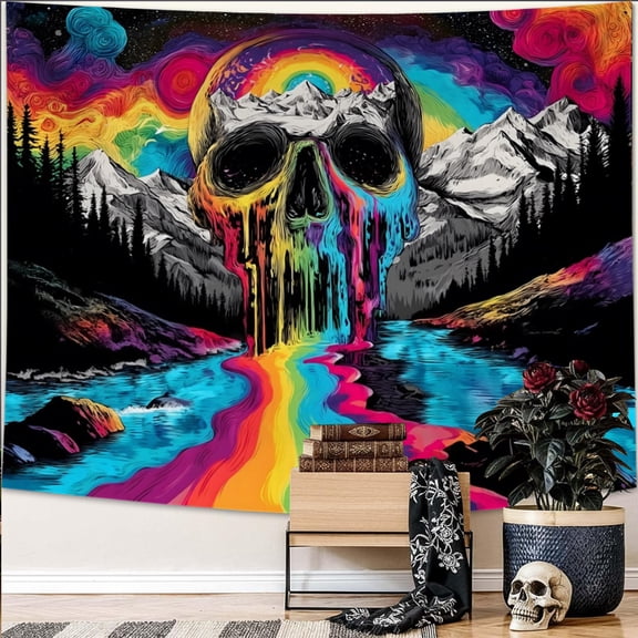 Blacklight Skull Tapestry Galaxy Mountain Tapestries Magic Neon River Wall Hanging Aesthetic Skeleton Backdrop for Living Room,40Wx28H