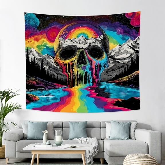 Blacklight Skull Tapestry Galaxy Mountain Tapestries Magic Neon River Wall Hanging Aesthetic Skeleton Backdrop for Living Room,60Wx50H