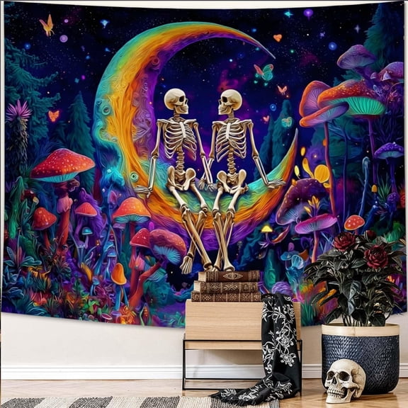 Blacklight Skull Tapestry Trippy Mushroom Tapestries Starry Sky Wall Tapestries Skeleton Lovers Wall Hanging for Bedroom Decor,60Wx50H