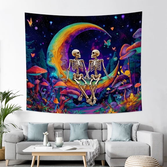 Blacklight Skull Tapestry Trippy Mushroom Tapestries Starry Sky Wall Tapestries Skeleton Lovers Wall Hanging for Bedroom Decor,60Wx50H
