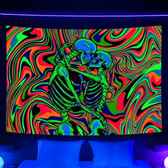 Blacklight Skull Tapestry UV Reactive Trippy Skeleton Gothic Black Light Tapestries Glow in the Dark Cool Skull Tapestry for Bedroom Living Room Dorm Decor