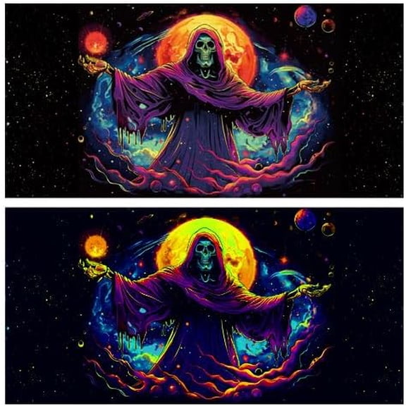 Blacklight Skull Wizard HD 3D Black Light Aquarium Background UV Reactive Galaxy Space Gothic Skeleton Witch Background with 10 EVA Double-Sided Tape, 24X12IN